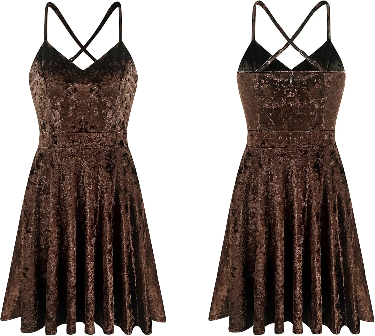 R.Vivimos Women's Crushed Velvet Spaghetti Straps Sexy V Neck Club Party Pleated Swing Skater Dress