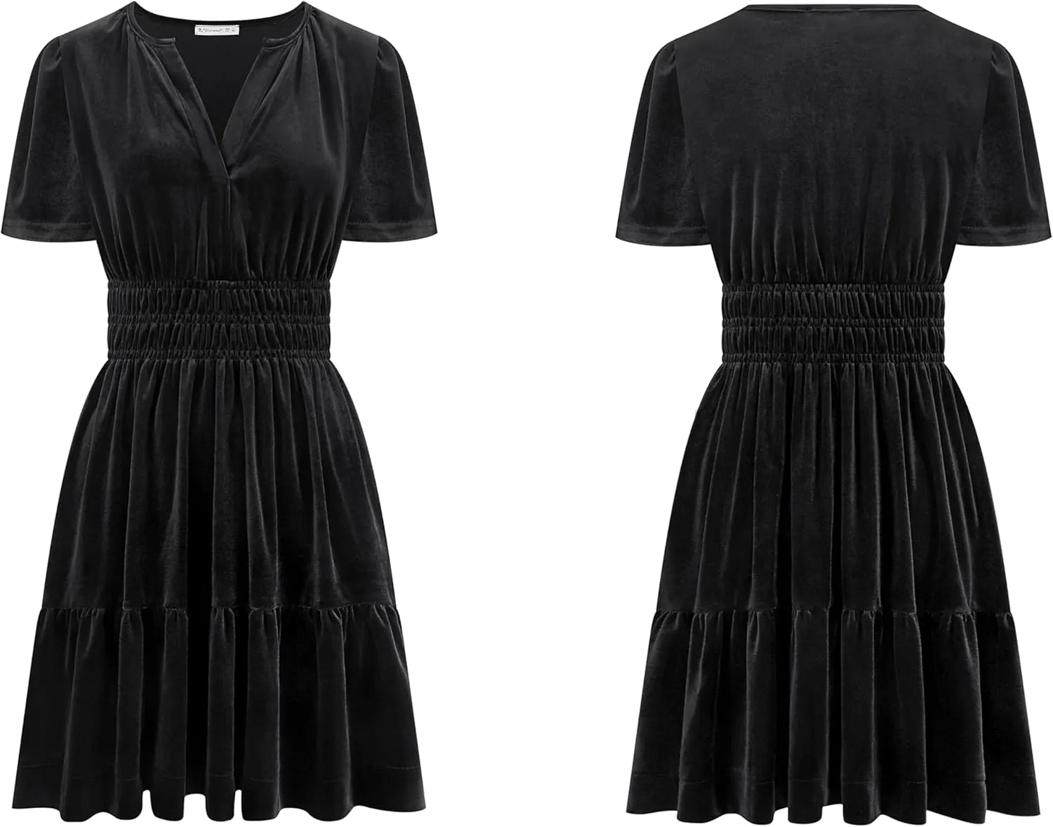 R.Vivimos Women's Fall Winter Vintage Casual Dresses Velvet Short Sleeve V Neck Elastic Waist Tiered Flowy Swing Mini Dress