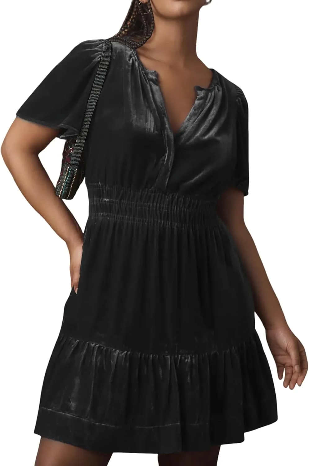 R.Vivimos Women's Fall Winter Vintage Casual Dresses Velvet Short Sleeve V Neck Elastic Waist Tiered Flowy Swing Mini Dress
