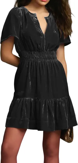 R.Vivimos Women's Fall Winter Vintage Casual Dresses Velvet Short Sleeve V Neck Elastic Waist Tiered Flowy Swing Mini Dress