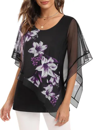 SeSe Code Women's Elegant Mesh Blouses Flowy Poncho Tops Dressy Casual Shirts