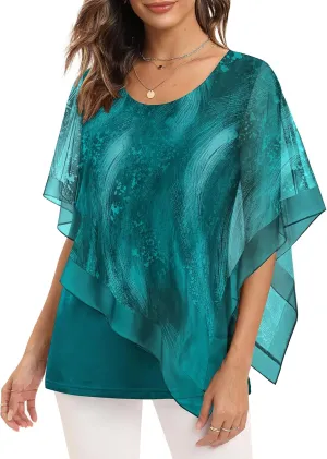 SeSe Code Women's Elegant Mesh Blouses Flowy Poncho Tops Dressy Casual Shirts