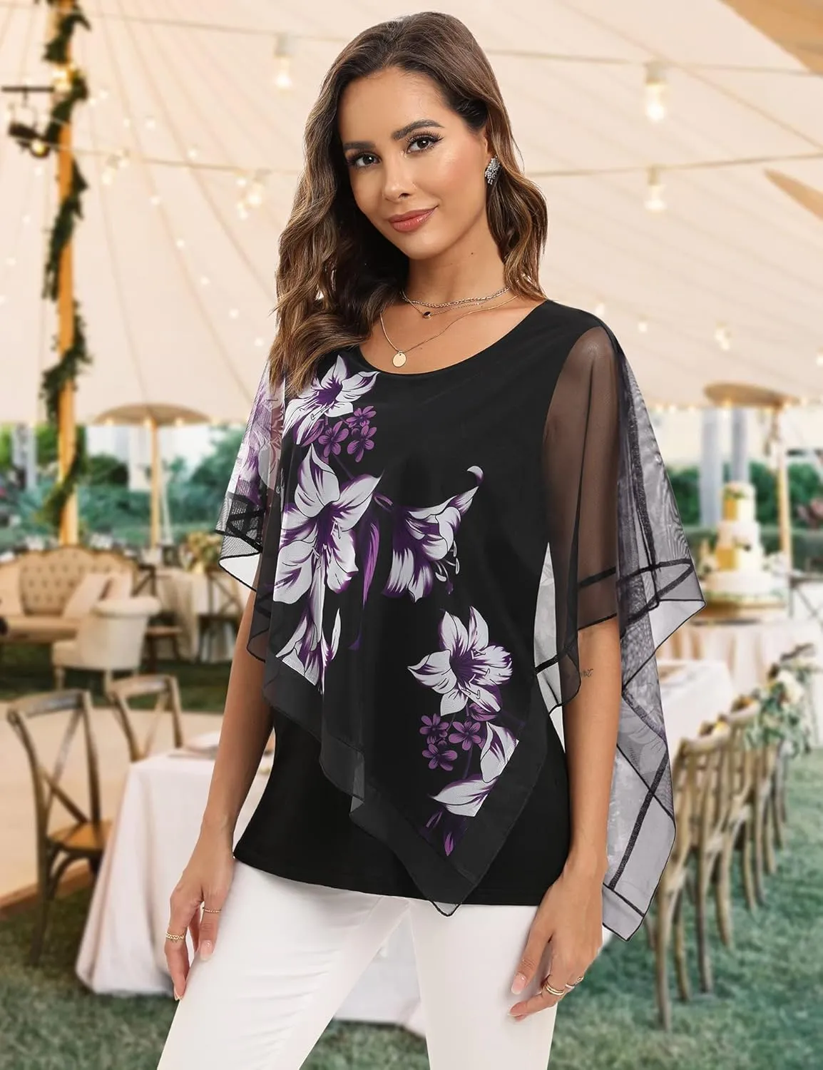 SeSe Code Women's Elegant Mesh Blouses Flowy Poncho Tops Dressy Casual Shirts