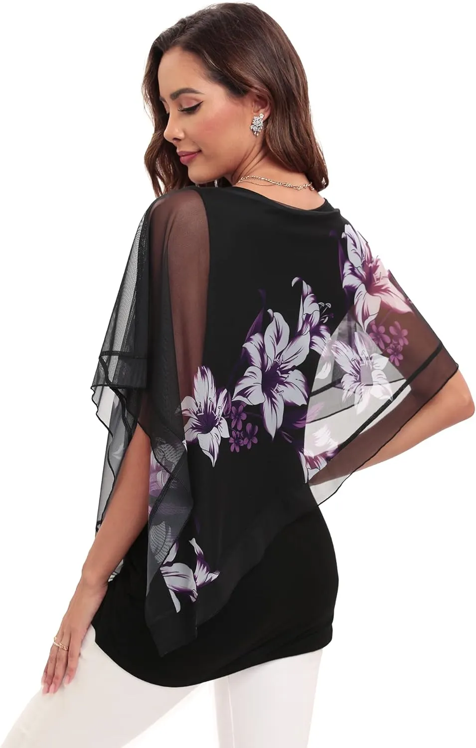 SeSe Code Women's Elegant Mesh Blouses Flowy Poncho Tops Dressy Casual Shirts