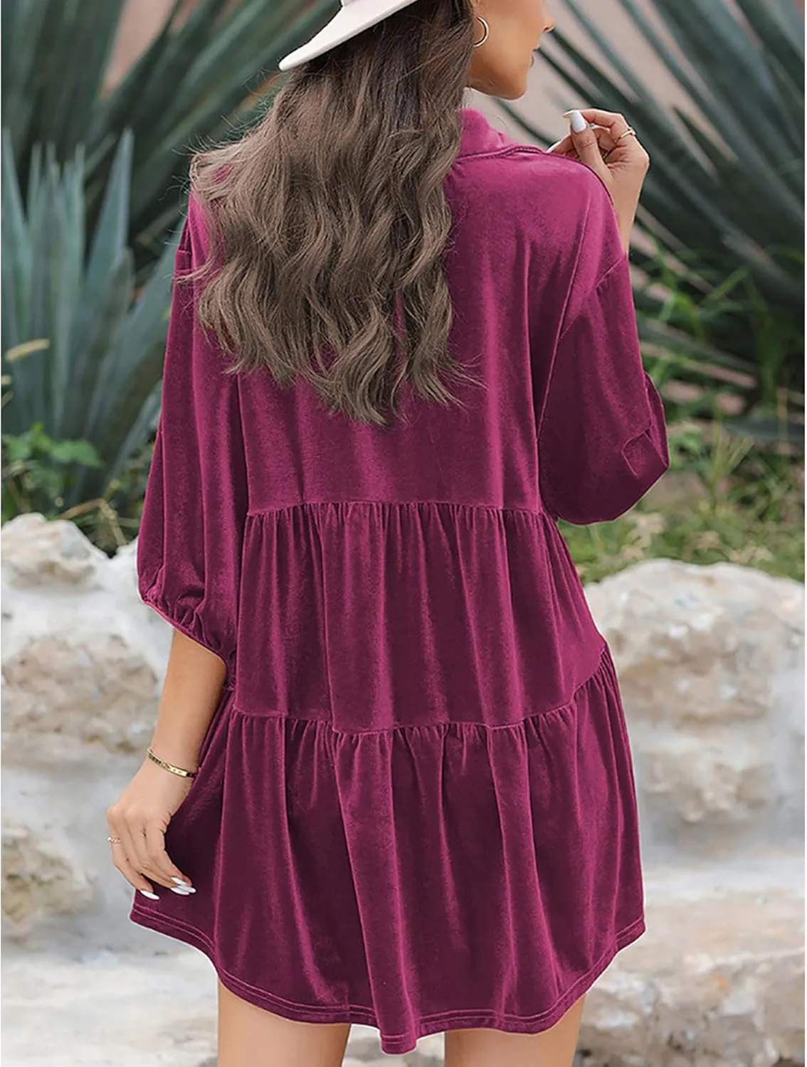 SOMTHRON Women's Velvet Babydoll Mini Dress Button Down T Shirt 3/4 Sleeve Lapel V Neck Tunic Tops