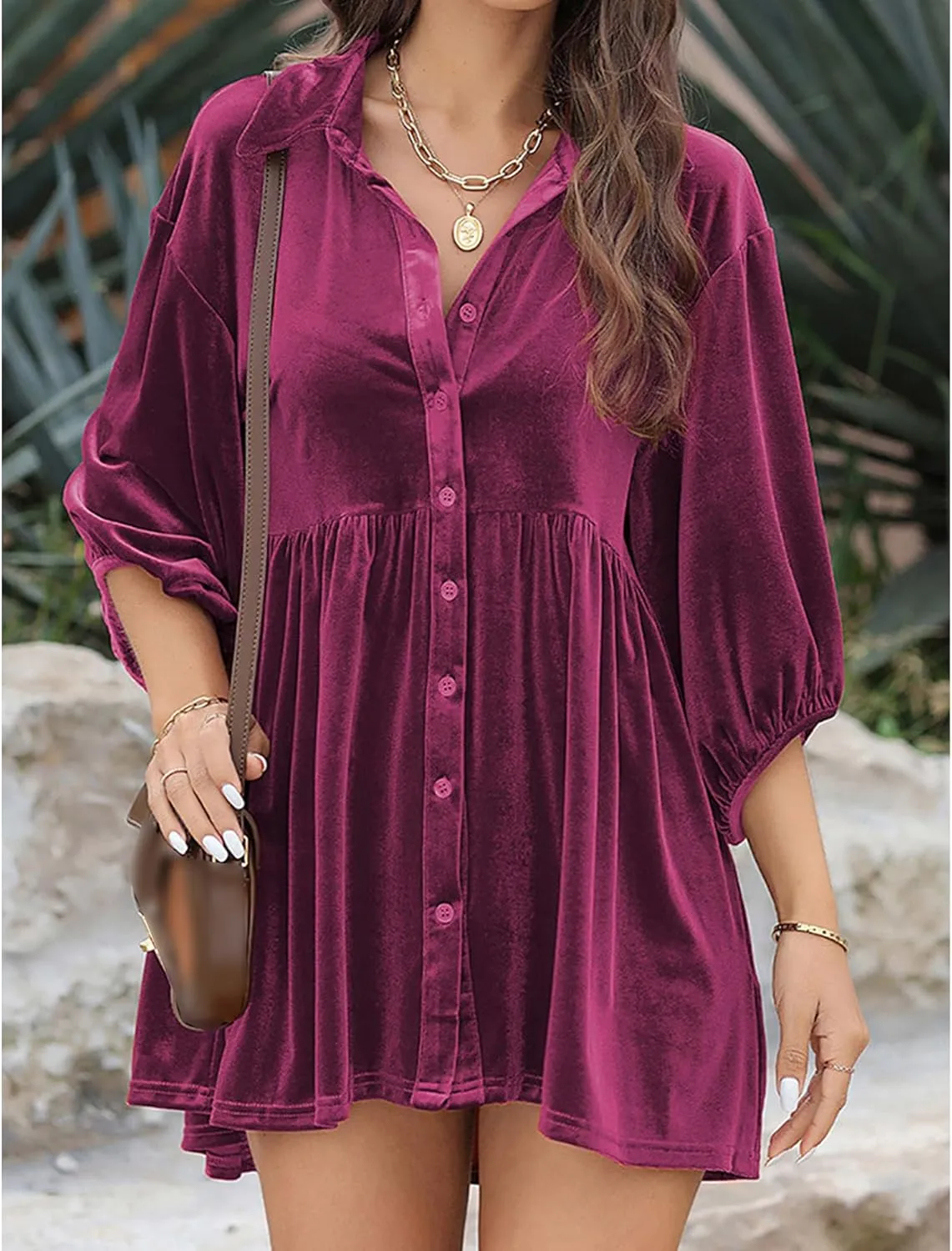SOMTHRON Women's Velvet Babydoll Mini Dress Button Down T Shirt 3/4 Sleeve Lapel V Neck Tunic Tops