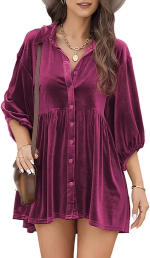 SOMTHRON Women's Velvet Babydoll Mini Dress Button Down T Shirt 3/4 Sleeve Lapel V Neck Tunic Tops