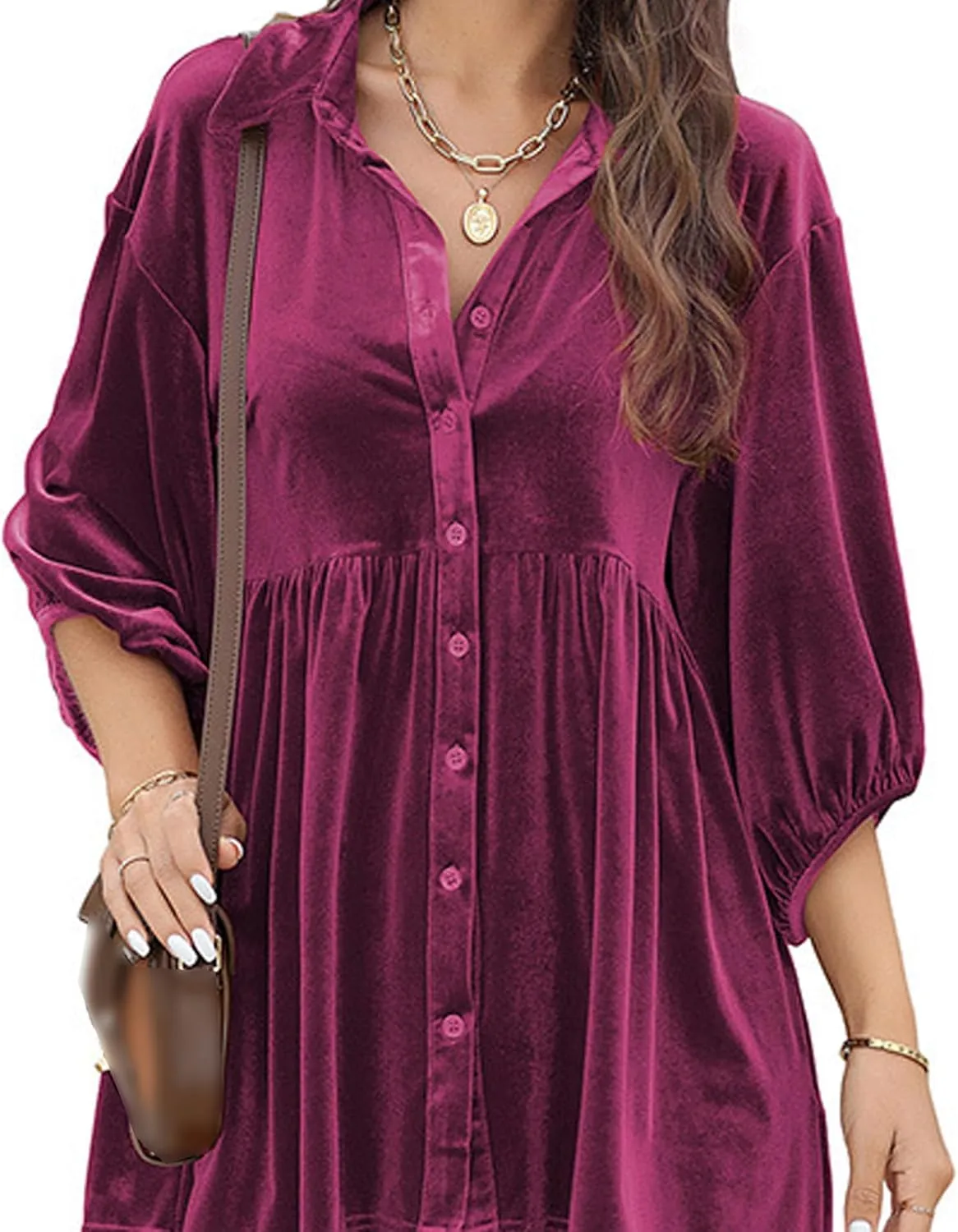 SOMTHRON Women's Velvet Babydoll Mini Dress Button Down T Shirt 3/4 Sleeve Lapel V Neck Tunic Tops