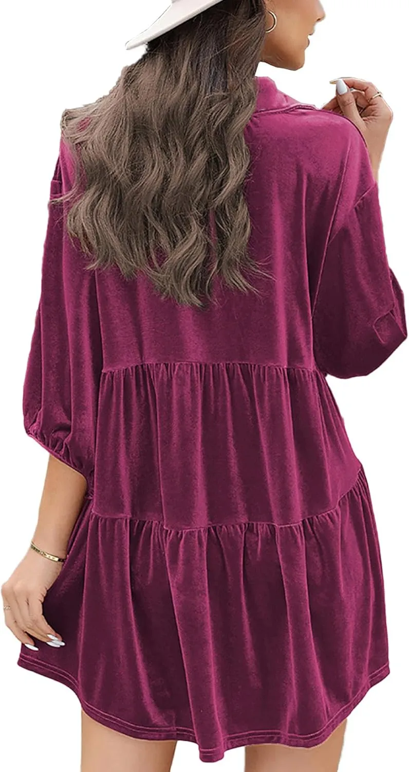 SOMTHRON Women's Velvet Babydoll Mini Dress Button Down T Shirt 3/4 Sleeve Lapel V Neck Tunic Tops