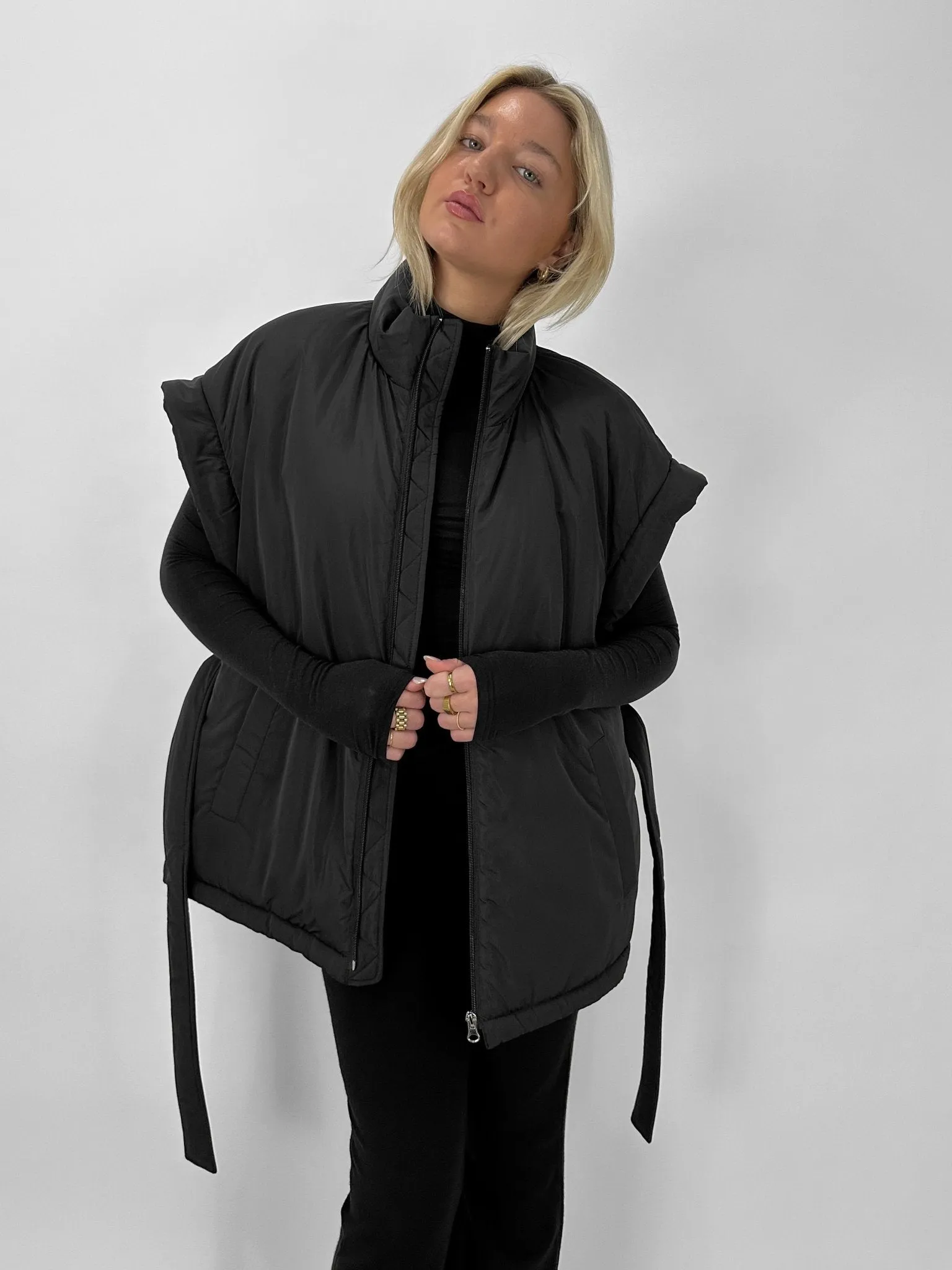 Tie Belt Oversized Puffer Vest
