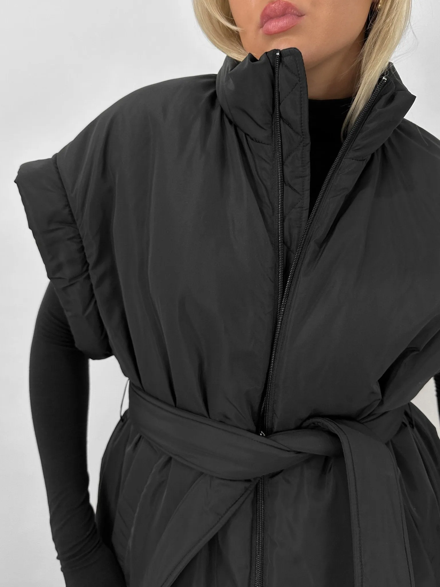 Tie Belt Oversized Puffer Vest