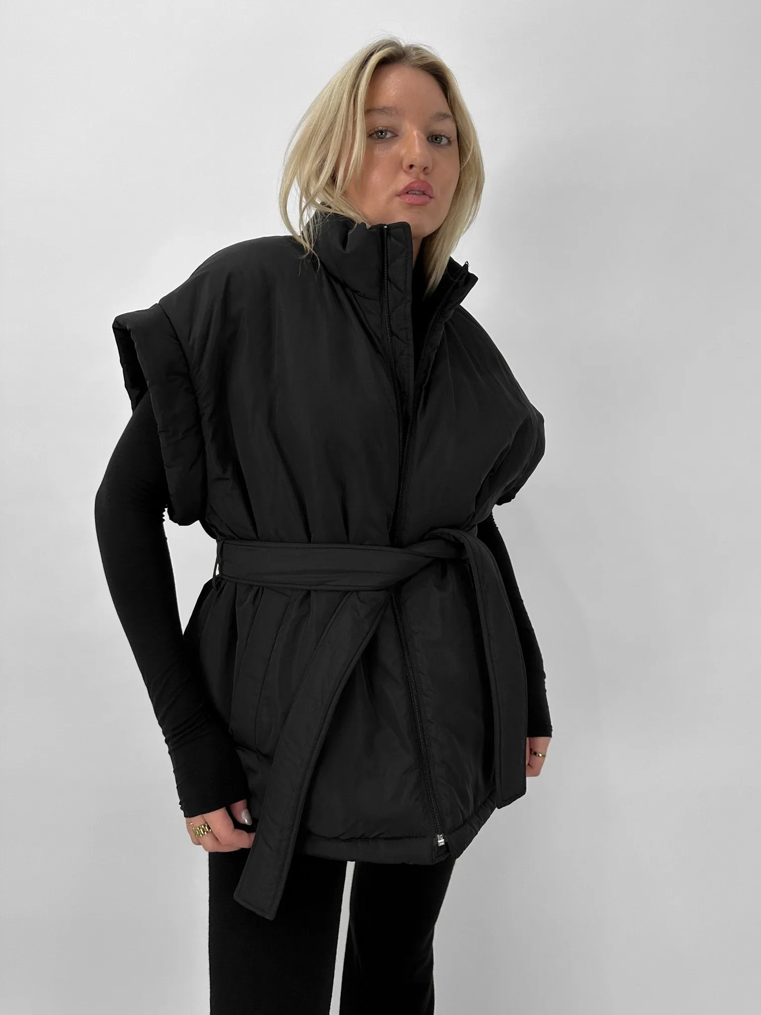 Tie Belt Oversized Puffer Vest