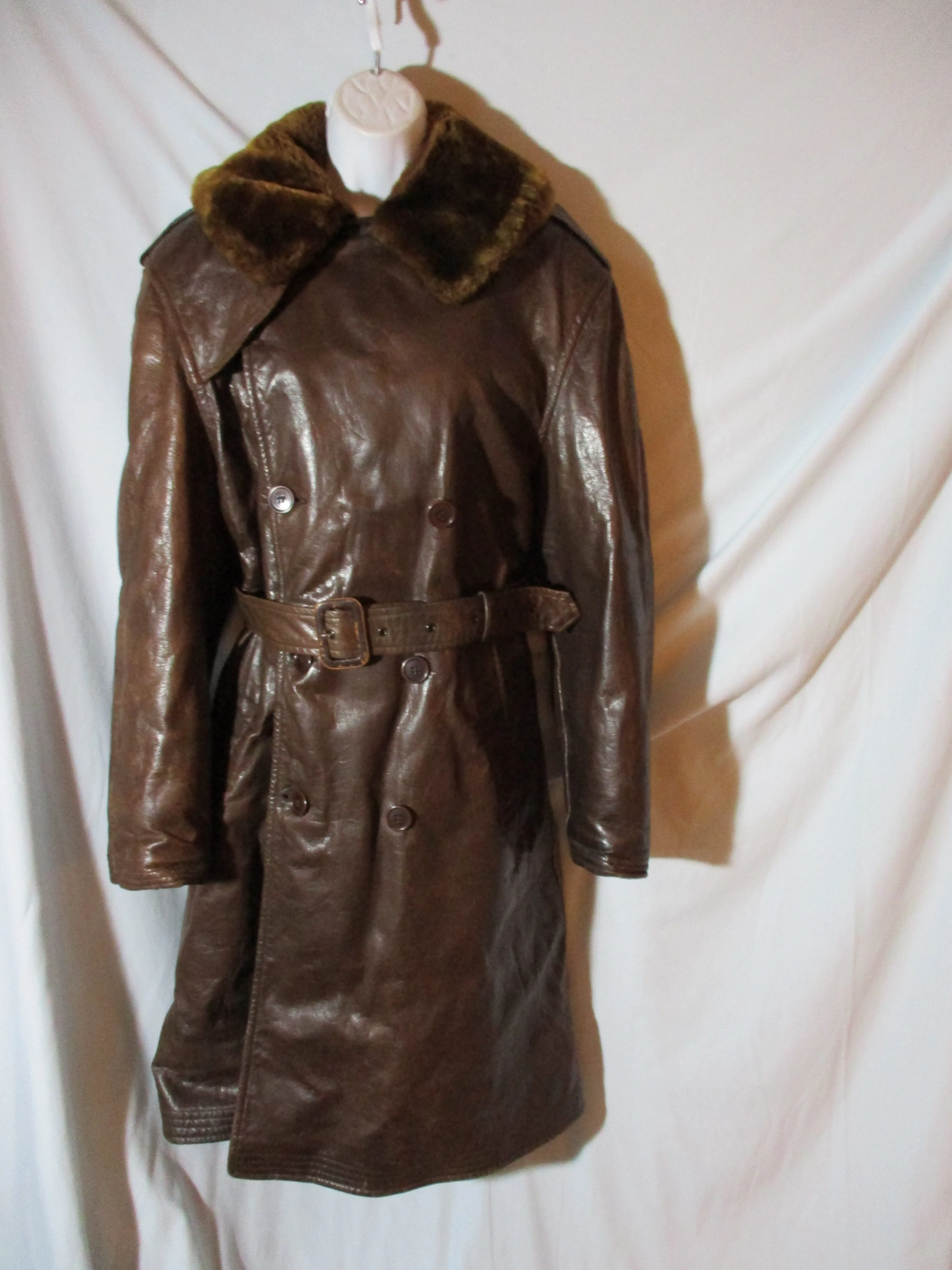 Vintage WWII US NAVY AIRCRAFT Leather Fur Jacket Trench Coat BROWN 42 Lined Belted
