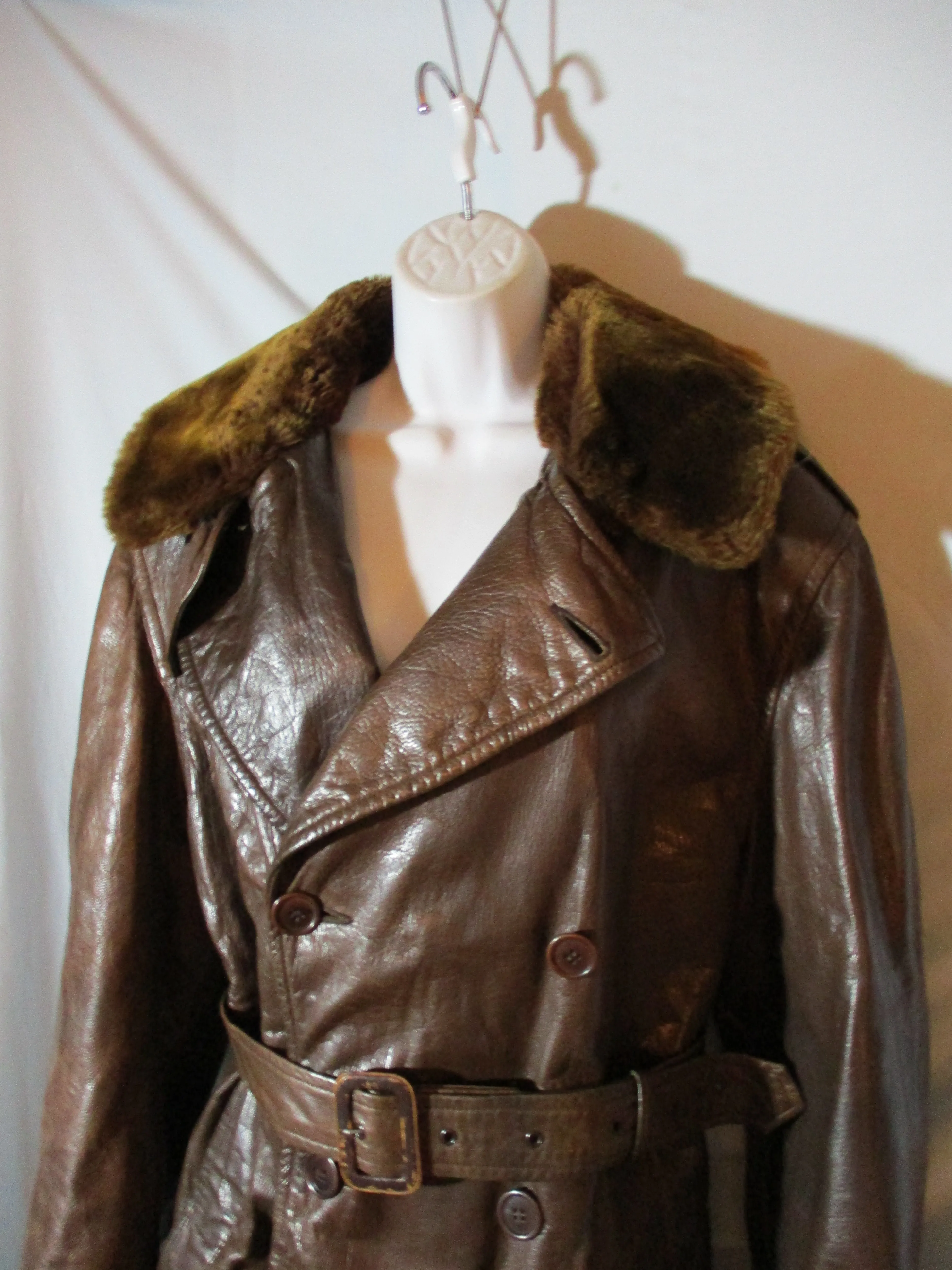 Vintage WWII US NAVY AIRCRAFT Leather Fur Jacket Trench Coat BROWN 42 Lined Belted