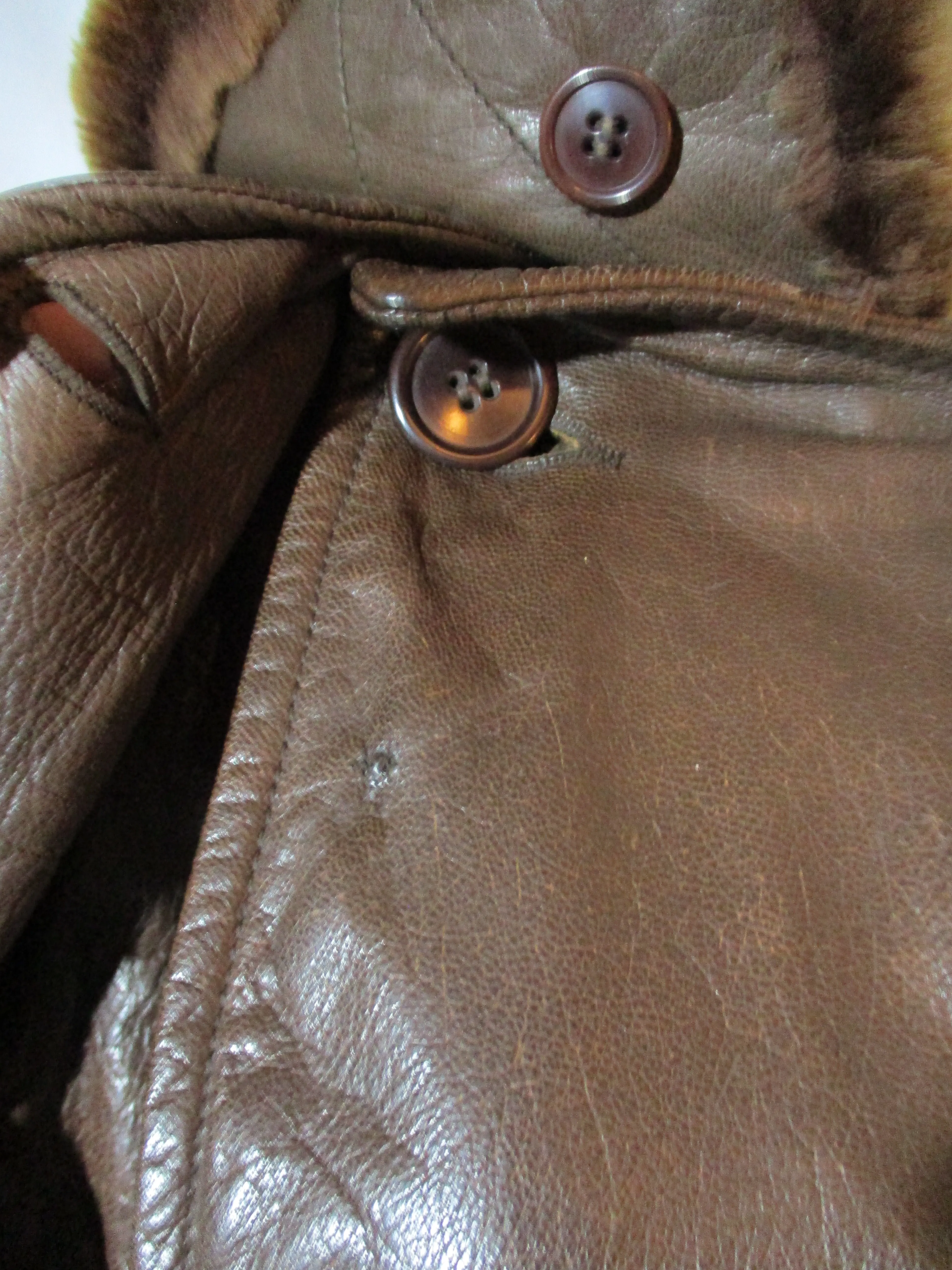 Vintage WWII US NAVY AIRCRAFT Leather Fur Jacket Trench Coat BROWN 42 Lined Belted