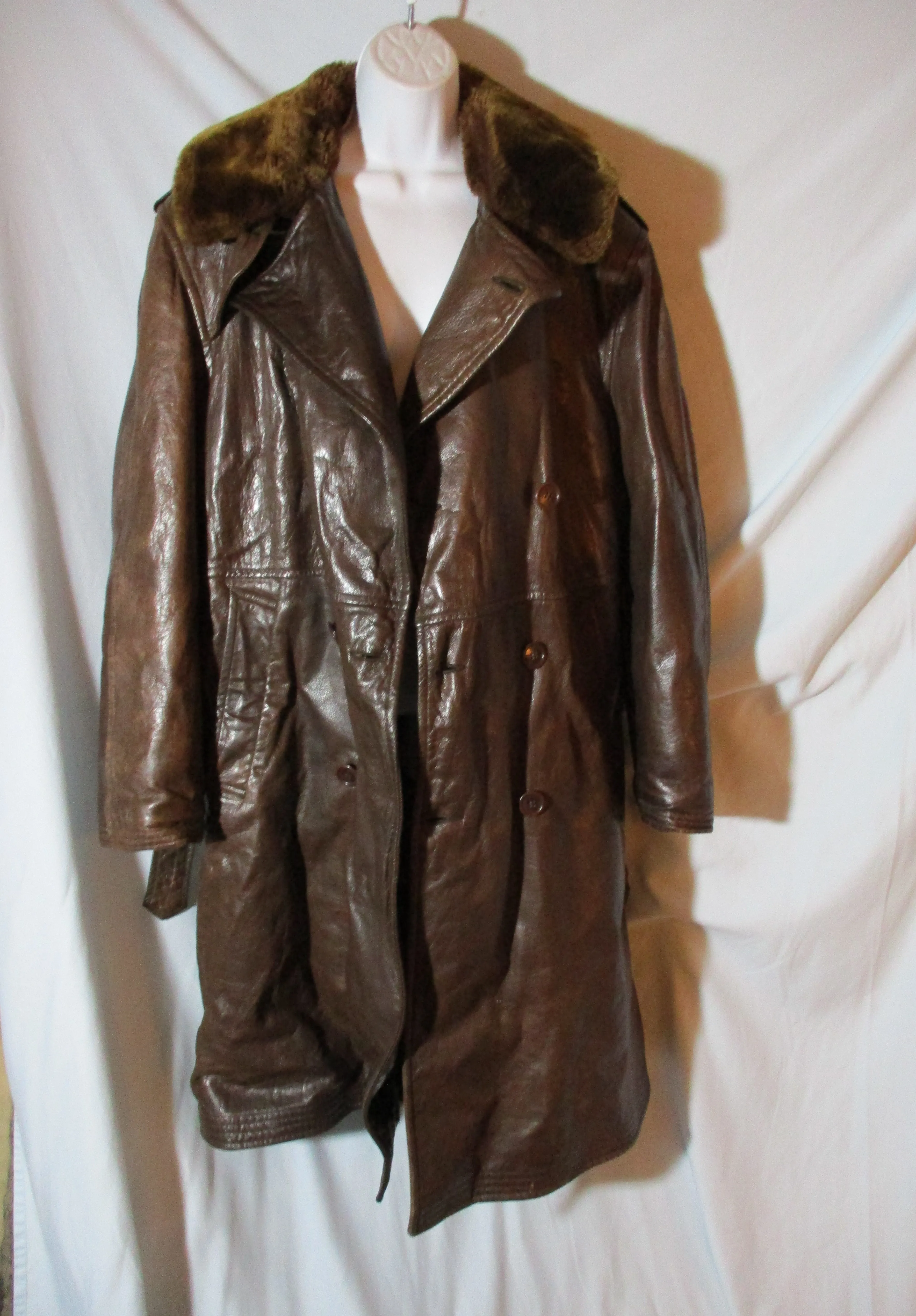 Vintage WWII US NAVY AIRCRAFT Leather Fur Jacket Trench Coat BROWN 42 Lined Belted