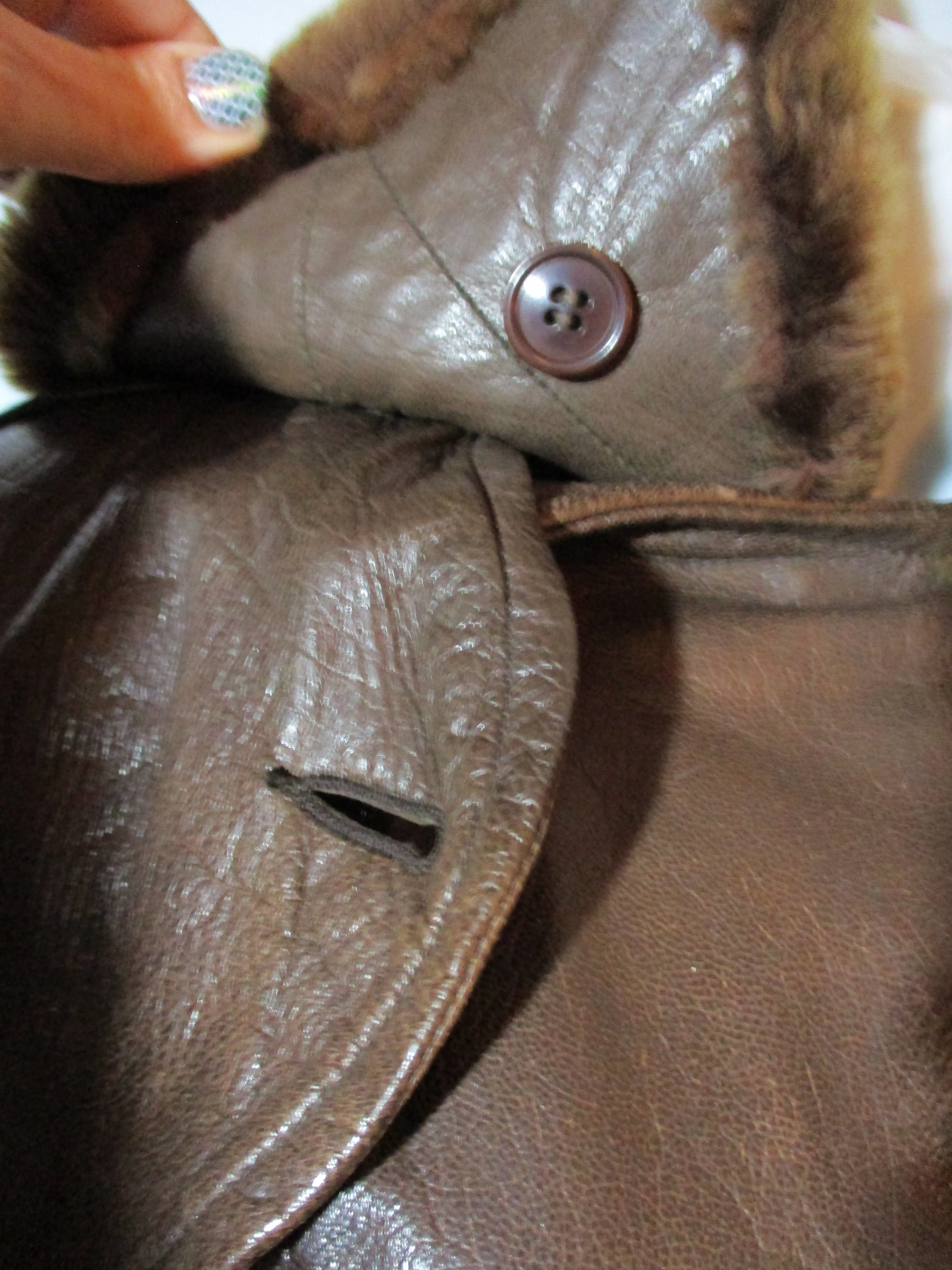 Vintage WWII US NAVY AIRCRAFT Leather Fur Jacket Trench Coat BROWN 42 Lined Belted