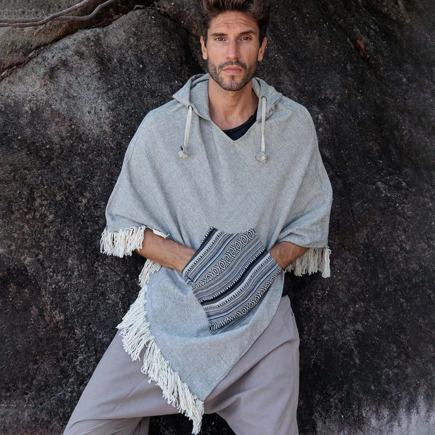 virblatt - Poncho Men | 100% Cotton | Mexican Poncho Men Baja Hoodie |Big Hood| Winter Pancho Warm Hooded Poncho Cape