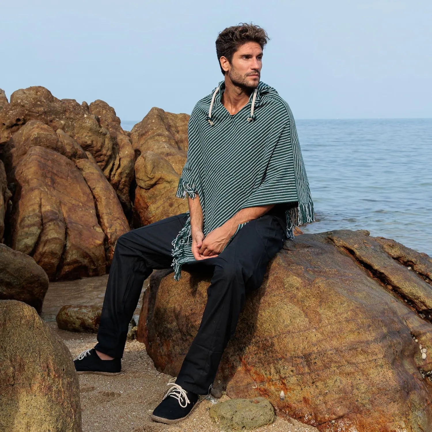 virblatt - Poncho Men | 100% Cotton | Mexican Poncho Men Baja Hoodie |Big Hood| Winter Pancho Warm Hooded Poncho Cape