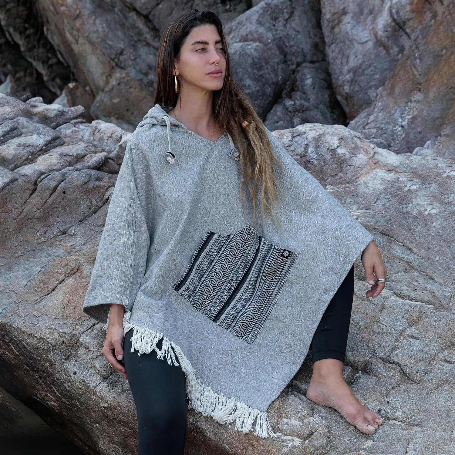 virblatt - Poncho Men | 100% Cotton | Mexican Poncho Men Baja Hoodie |Big Hood| Winter Pancho Warm Hooded Poncho Cape