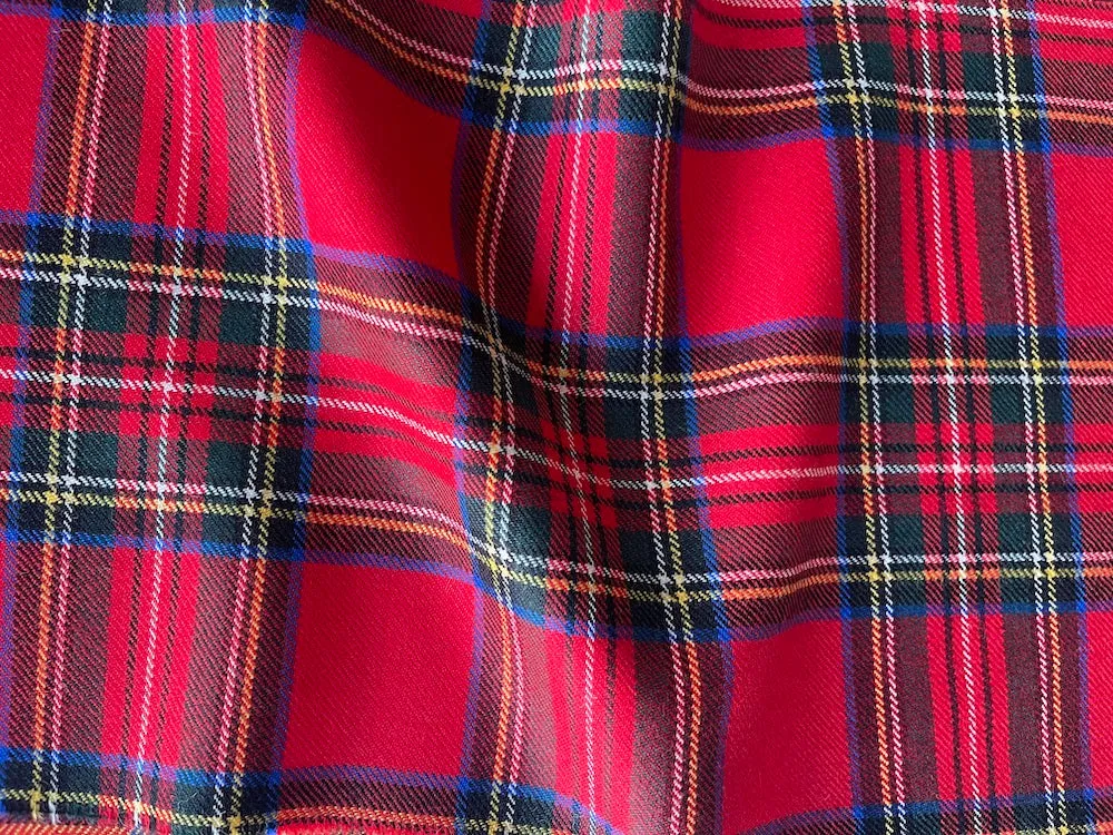 Vivid Scarlet & Royal Tartan Plaid Wool Twill (Made in Italy)