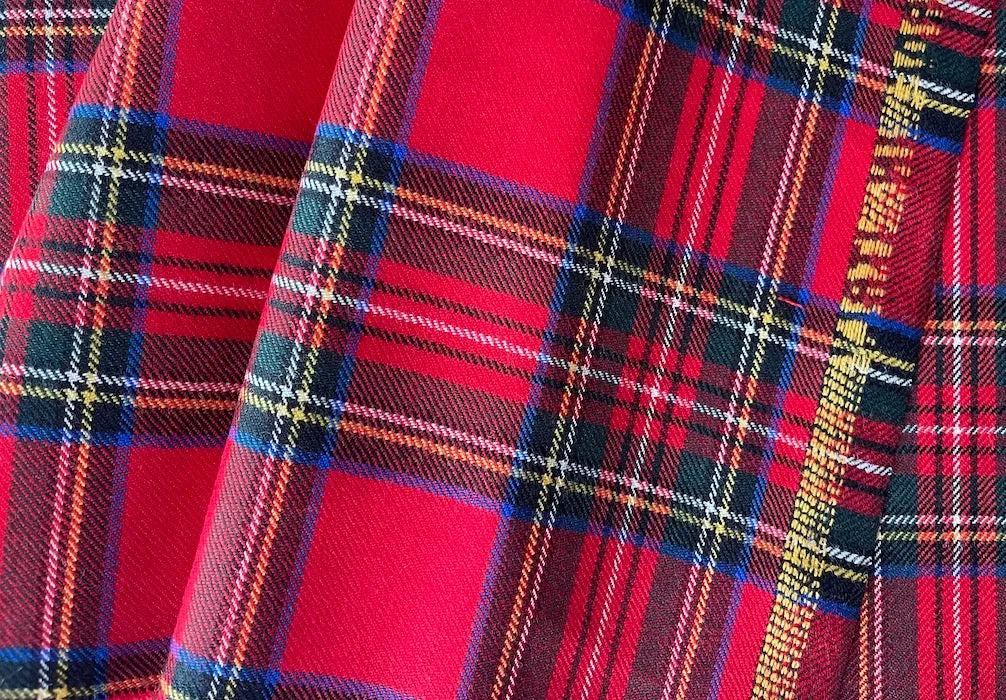 Vivid Scarlet & Royal Tartan Plaid Wool Twill (Made in Italy)