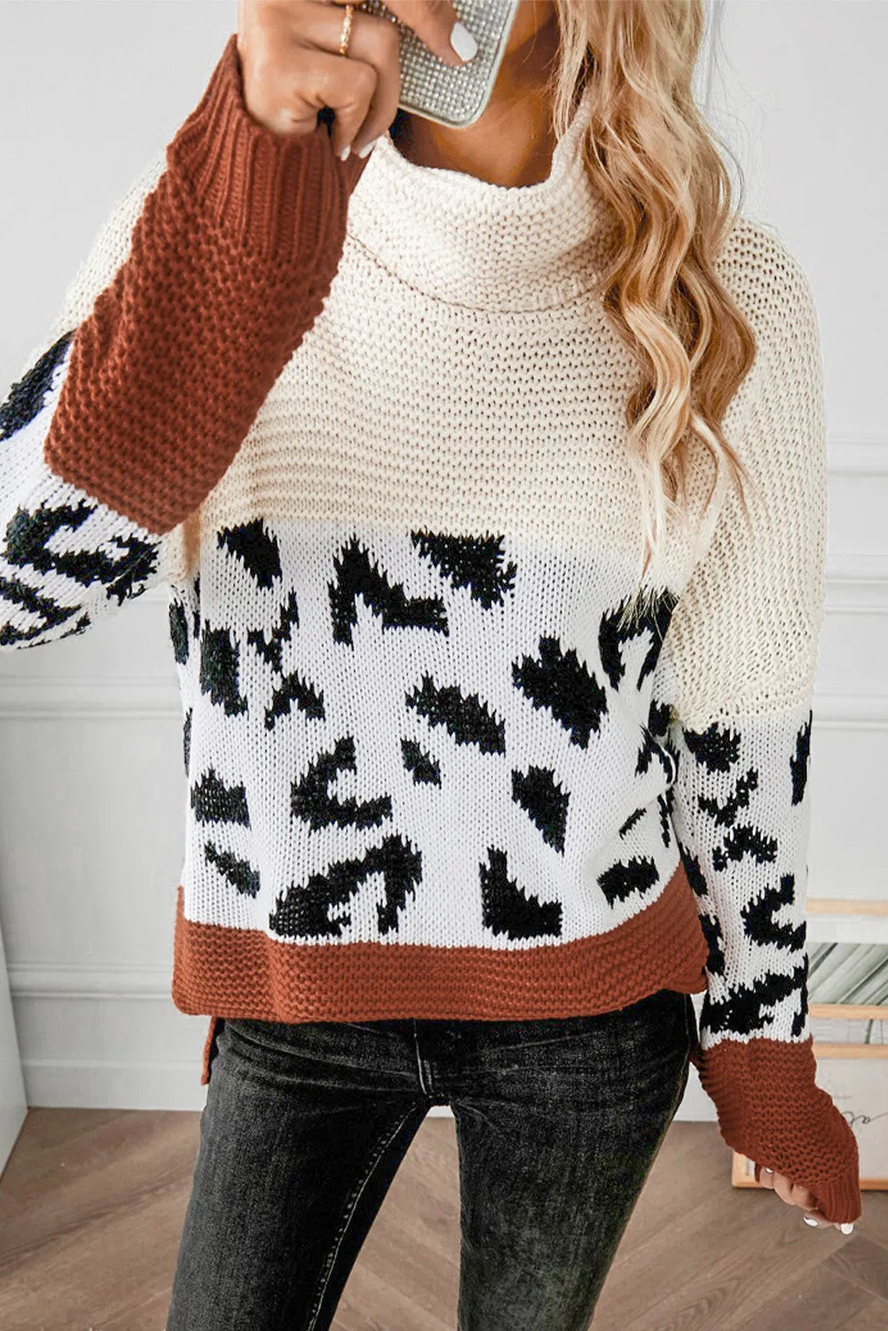 Women Turtleneck Splicing Chunky Knit Pullover Sweater