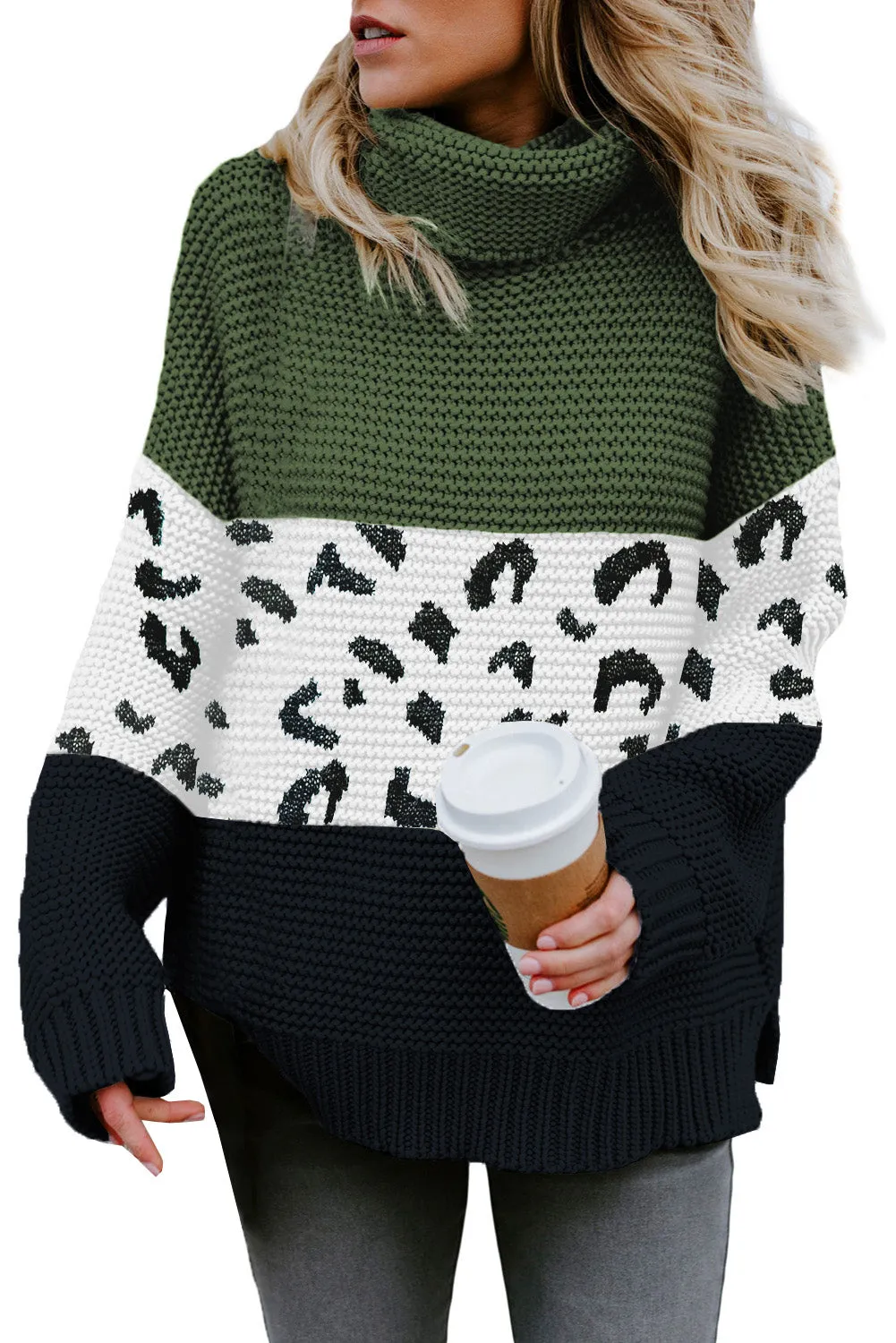 Women Turtleneck Splicing Chunky Knit Pullover Sweater