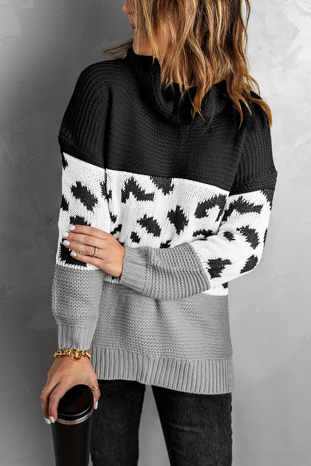Women Turtleneck Splicing Chunky Knit Pullover Sweater