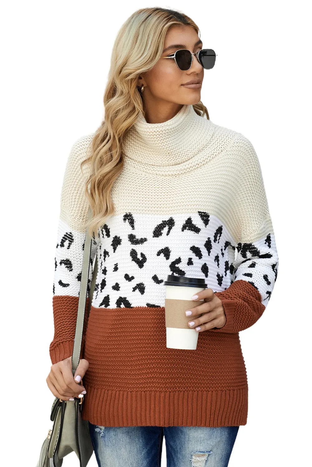 Women Turtleneck Splicing Chunky Knit Pullover Sweater