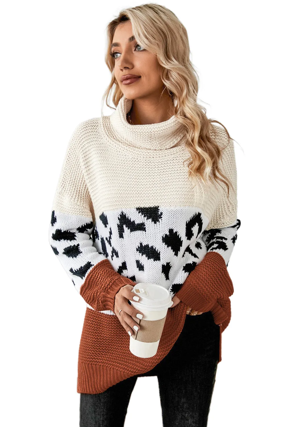 Women Turtleneck Splicing Chunky Knit Pullover Sweater