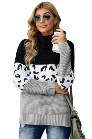 Women Turtleneck Splicing Chunky Knit Pullover Sweater