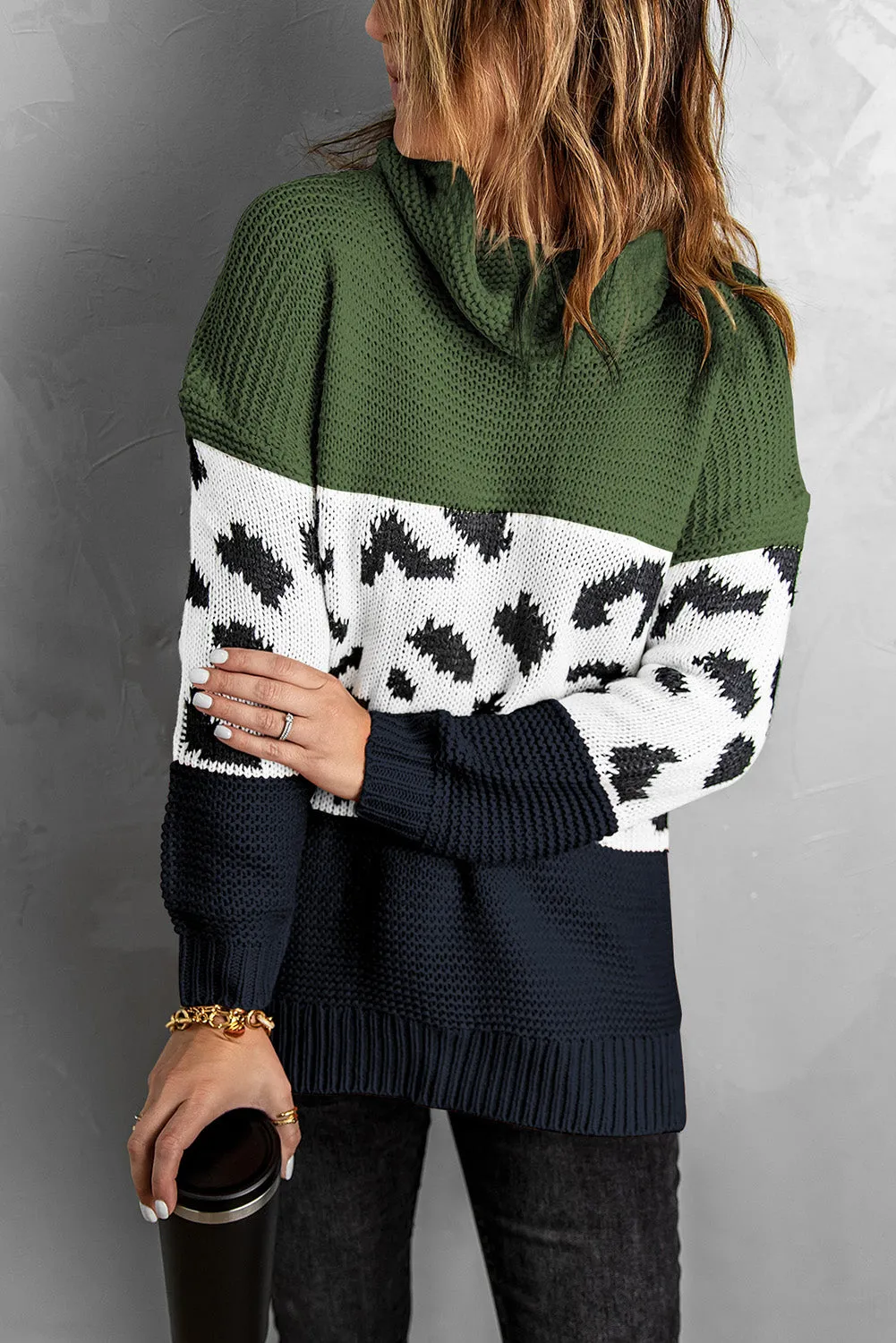 Women Turtleneck Splicing Chunky Knit Pullover Sweater