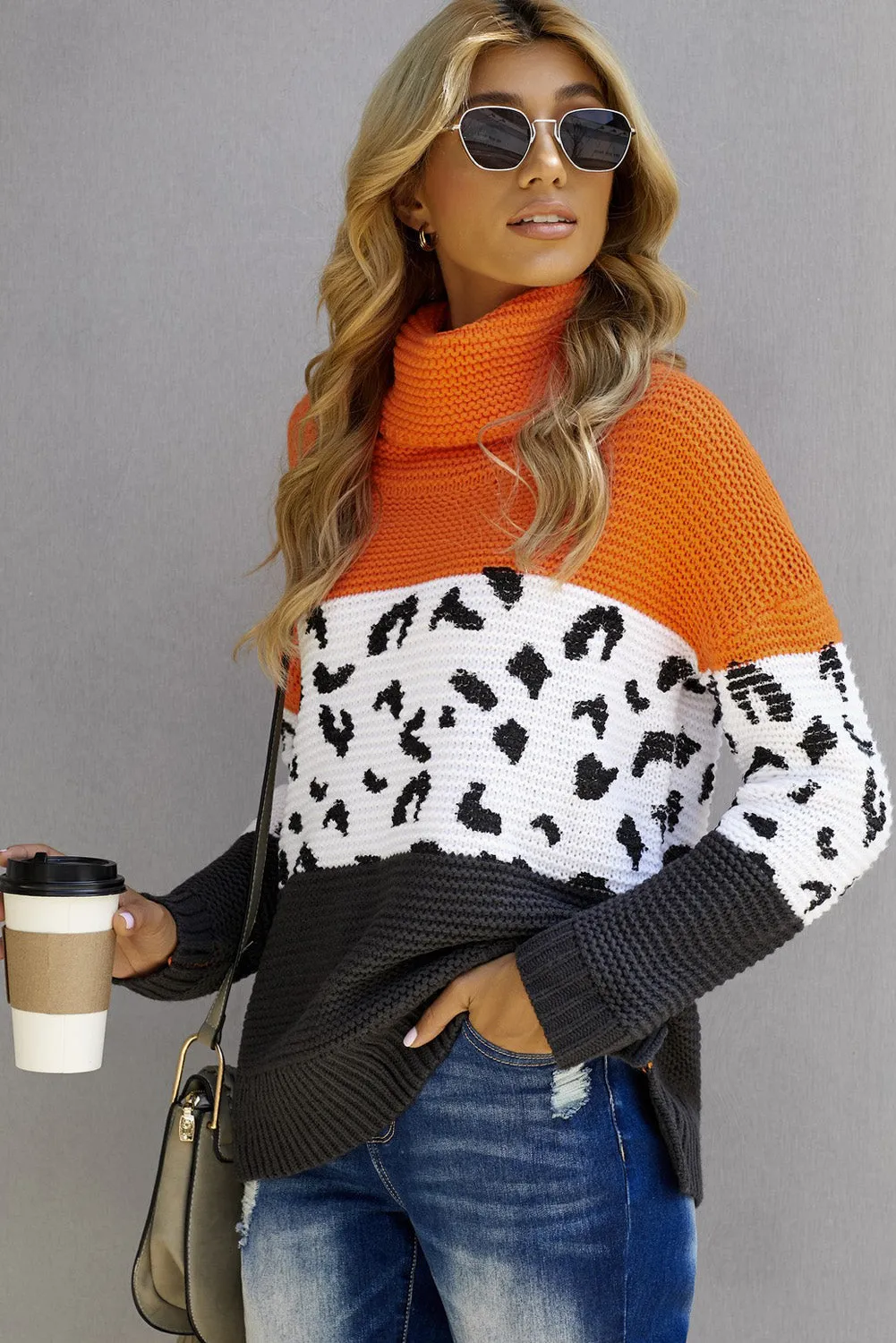 Women Turtleneck Splicing Chunky Knit Pullover Sweater
