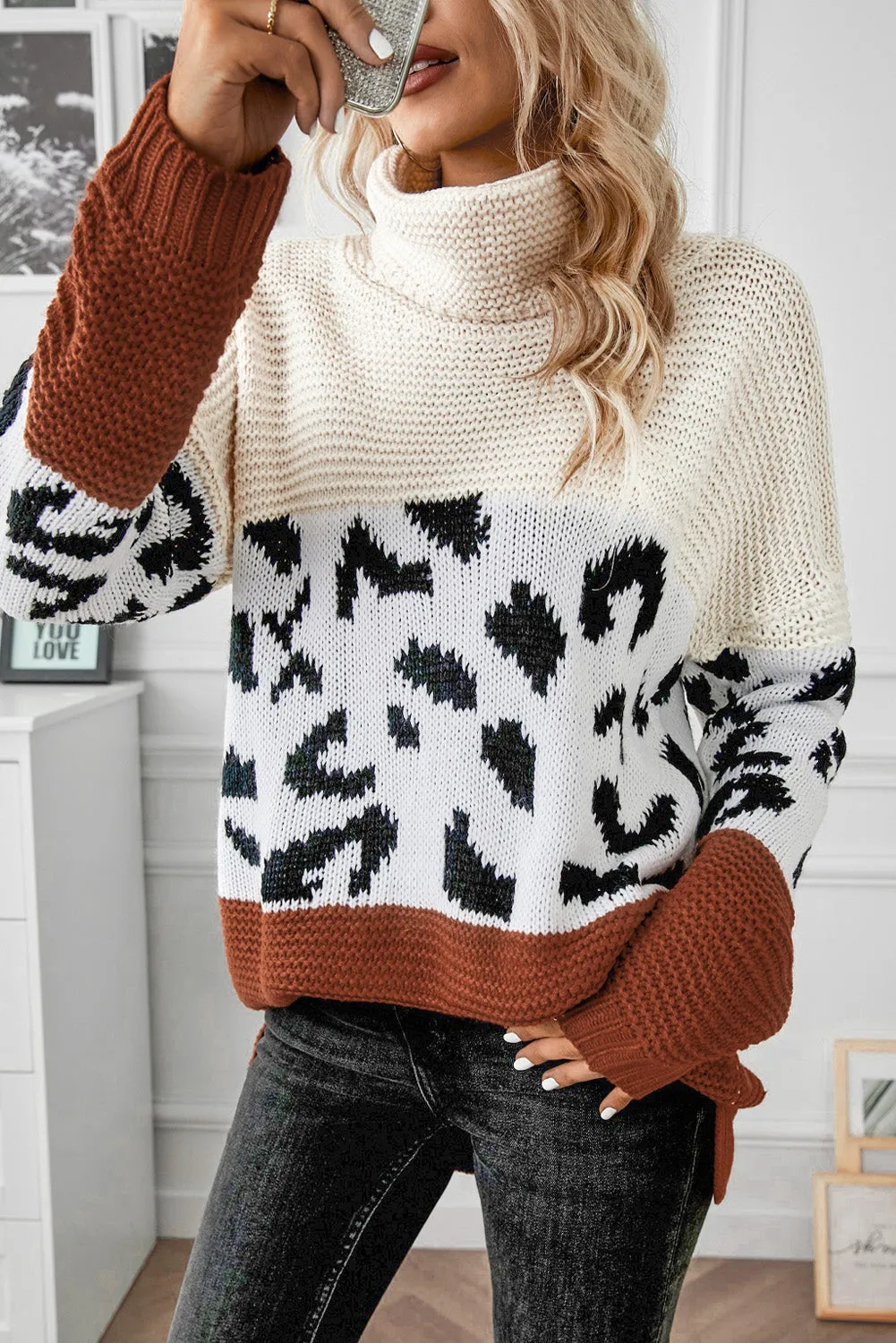 Women Turtleneck Splicing Chunky Knit Pullover Sweater