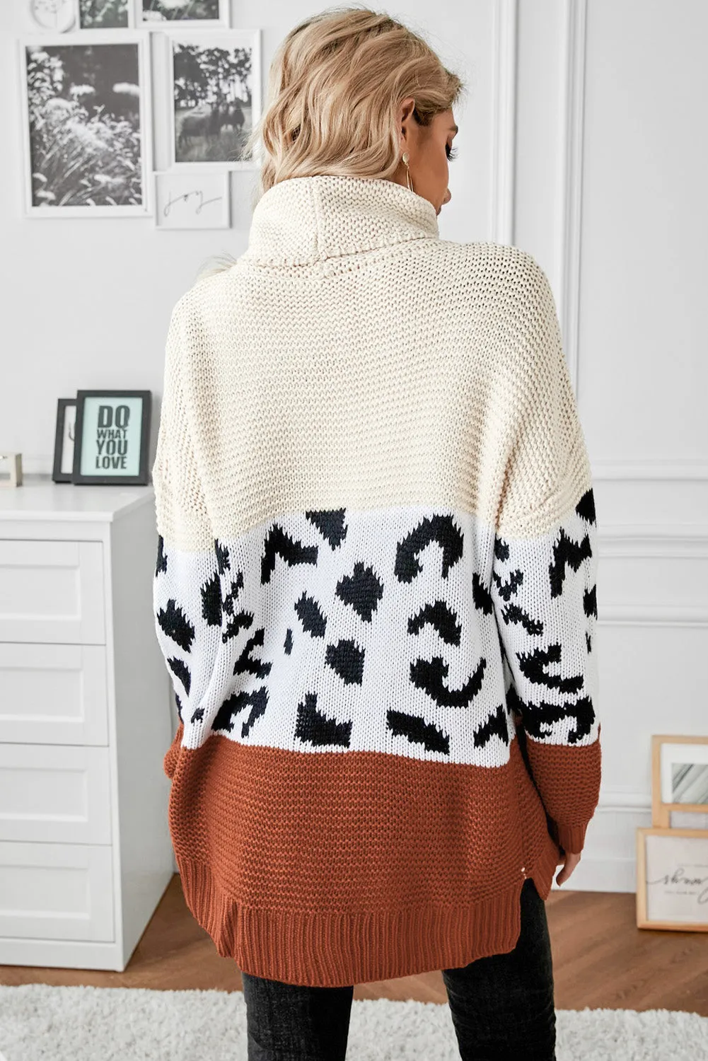 Women Turtleneck Splicing Chunky Knit Pullover Sweater
