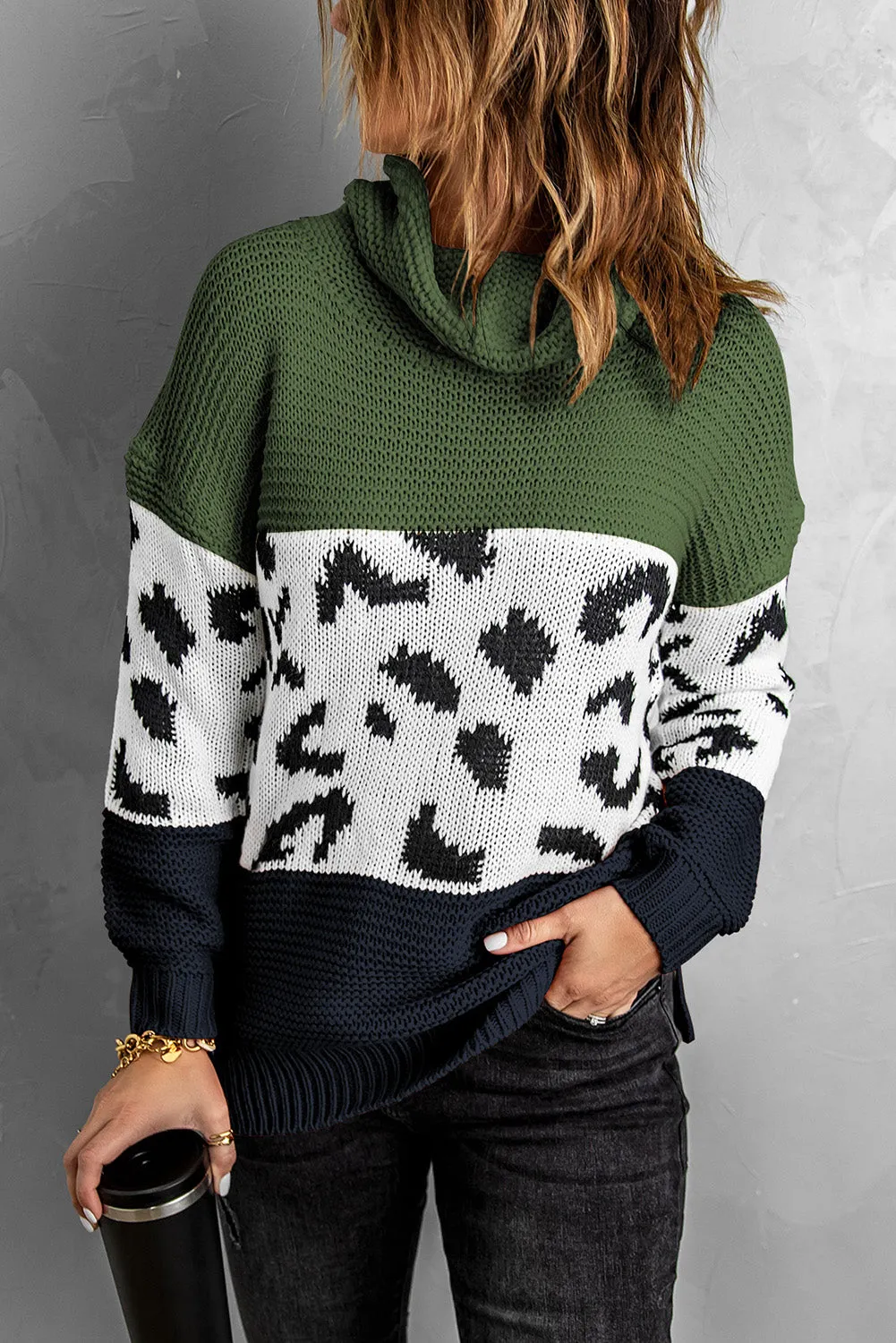 Women Turtleneck Splicing Chunky Knit Pullover Sweater