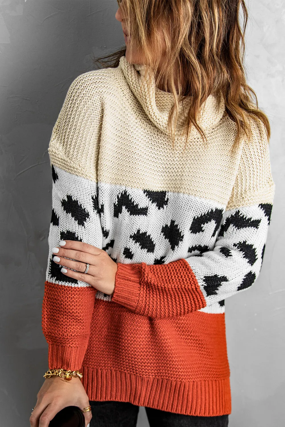 Women Turtleneck Splicing Chunky Knit Pullover Sweater