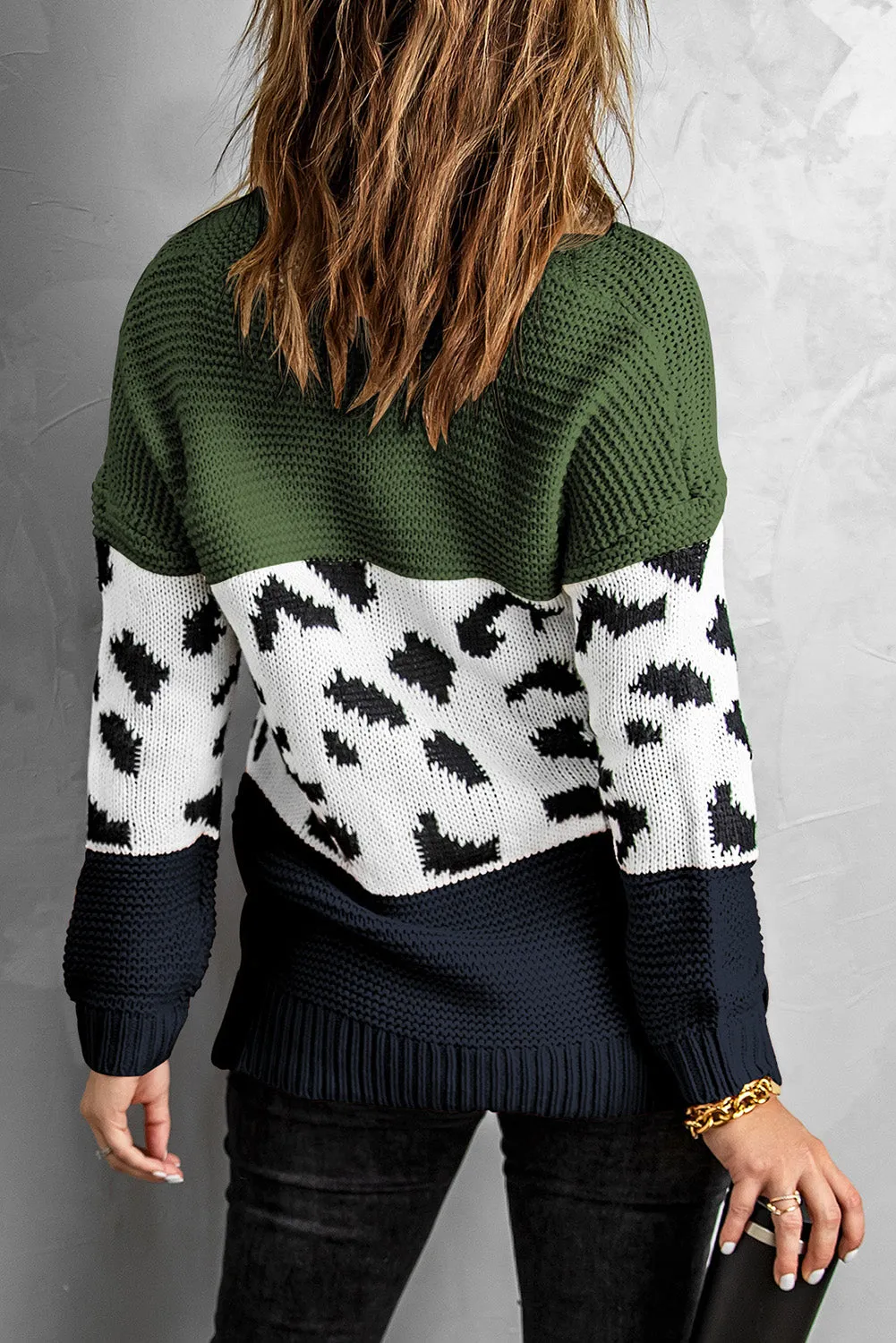 Women Turtleneck Splicing Chunky Knit Pullover Sweater