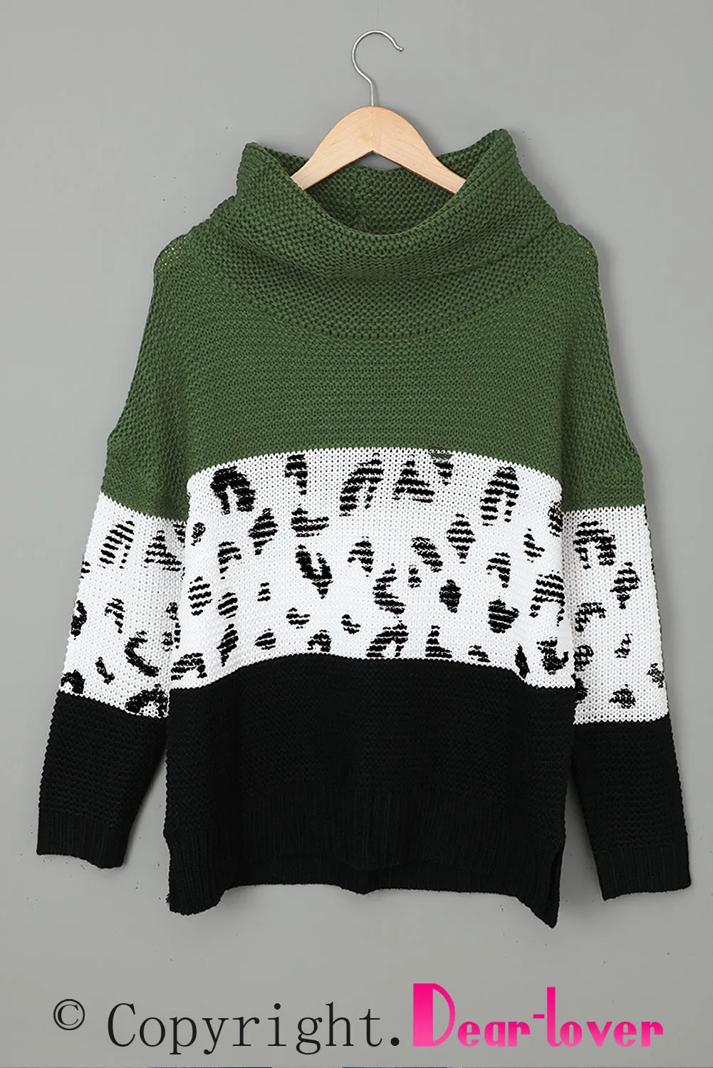 Women Turtleneck Splicing Chunky Knit Pullover Sweater