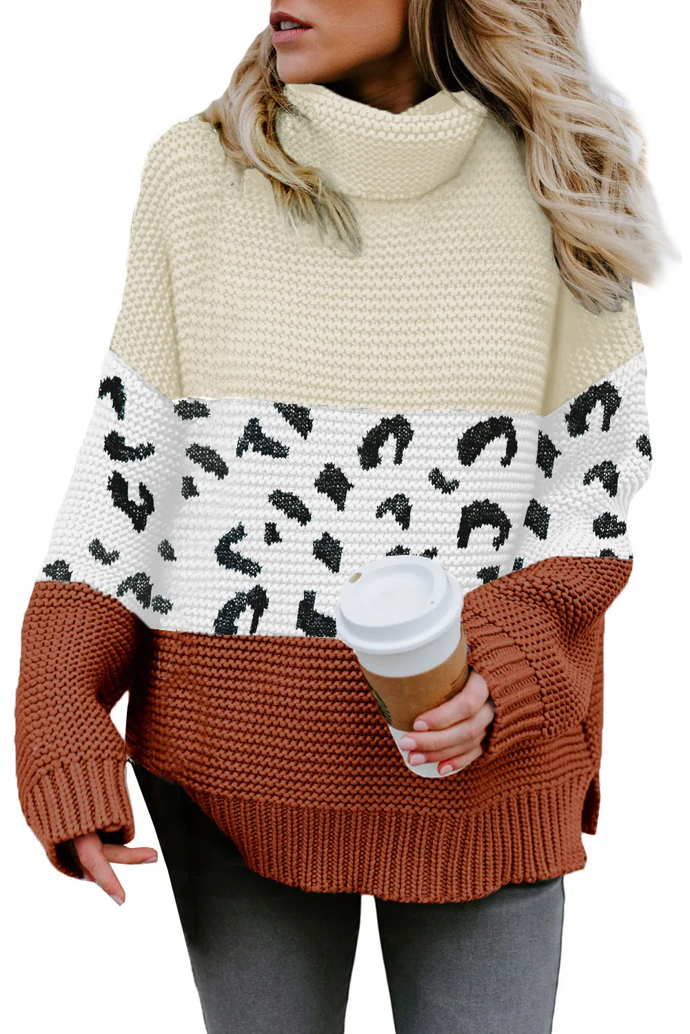 Women Turtleneck Splicing Chunky Knit Pullover Sweater