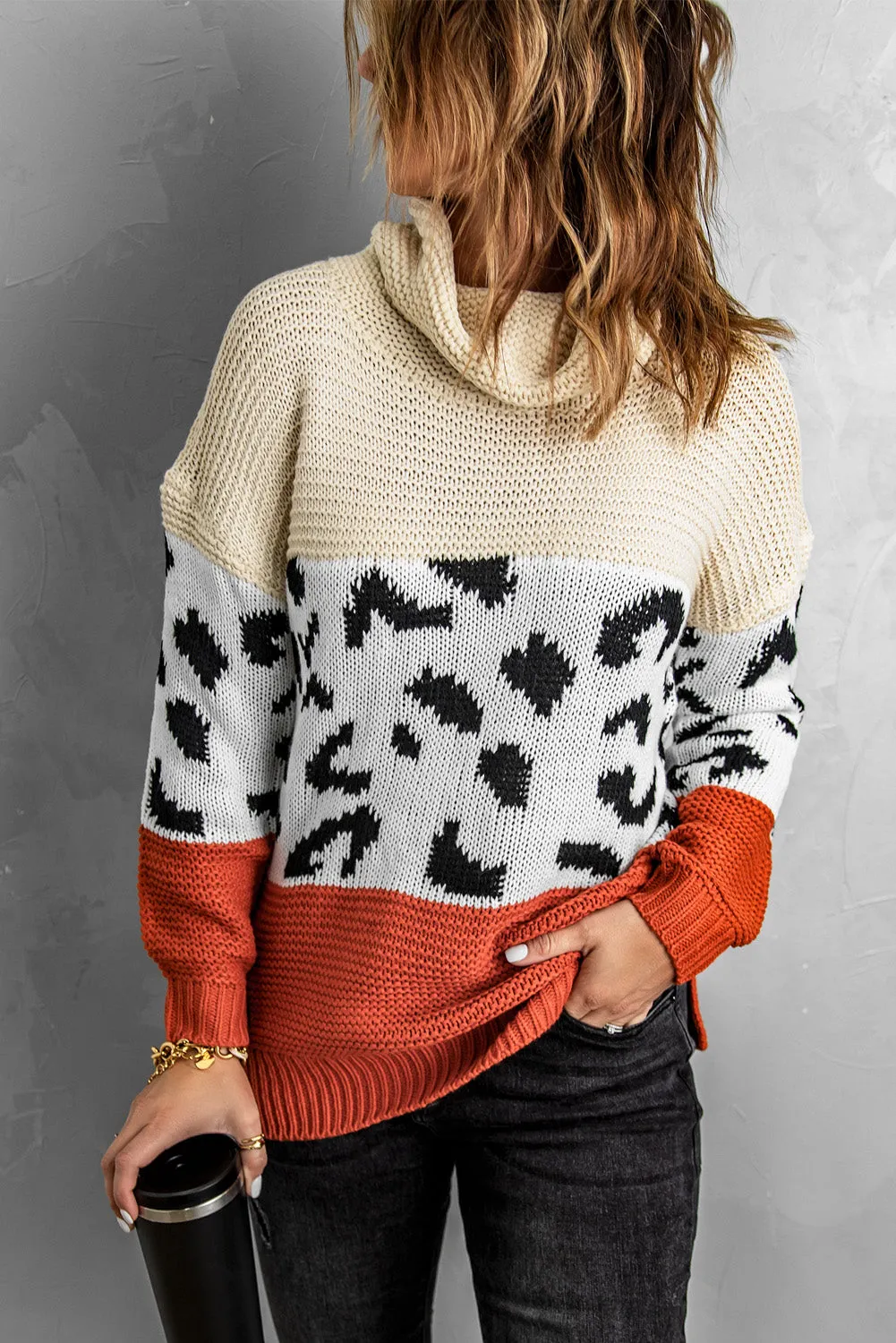 Women Turtleneck Splicing Chunky Knit Pullover Sweater