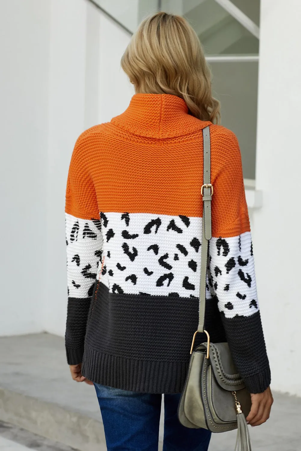Women Turtleneck Splicing Chunky Knit Pullover Sweater