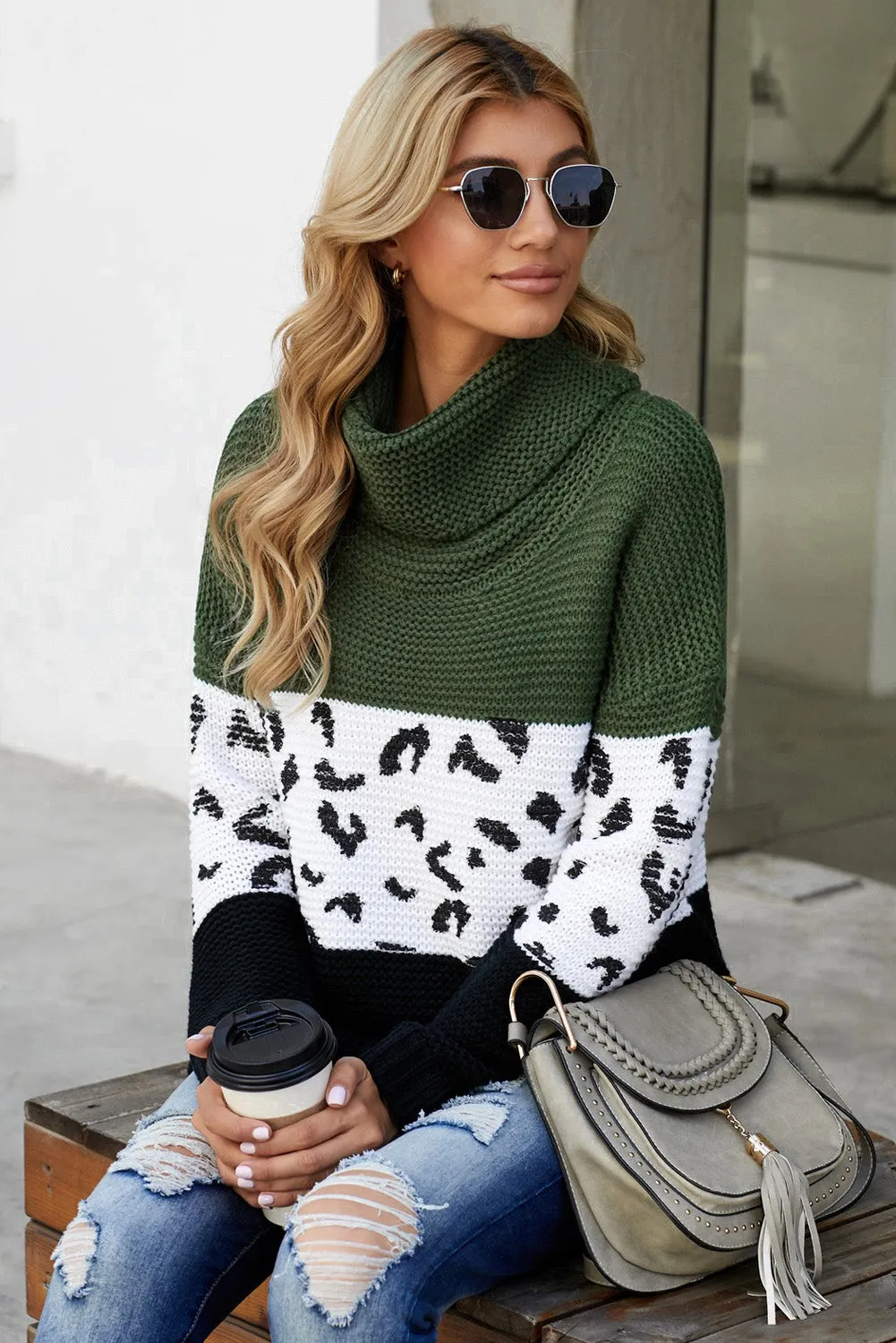 Women Turtleneck Splicing Chunky Knit Pullover Sweater