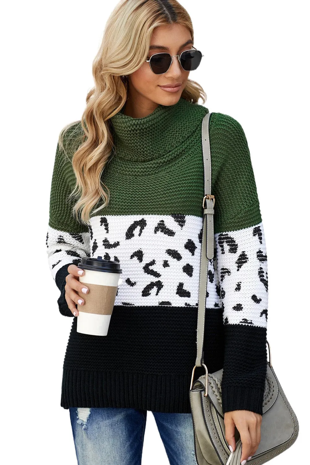 Women Turtleneck Splicing Chunky Knit Pullover Sweater