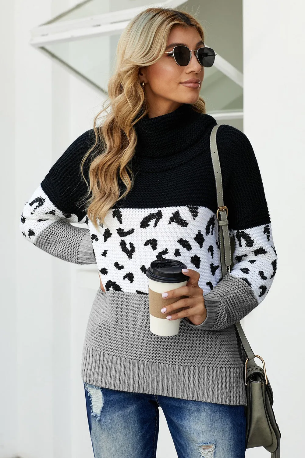 Women Turtleneck Splicing Chunky Knit Pullover Sweater