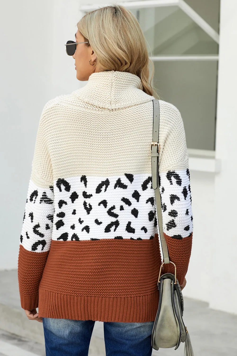 Women Turtleneck Splicing Chunky Knit Pullover Sweater