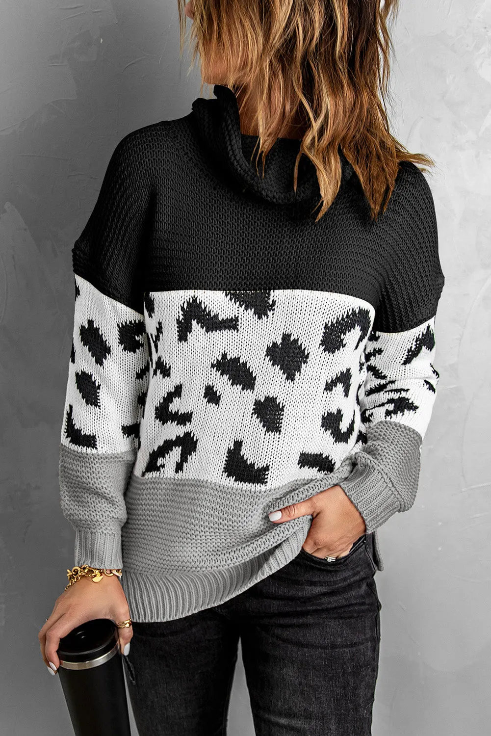 Women Turtleneck Splicing Chunky Knit Pullover Sweater