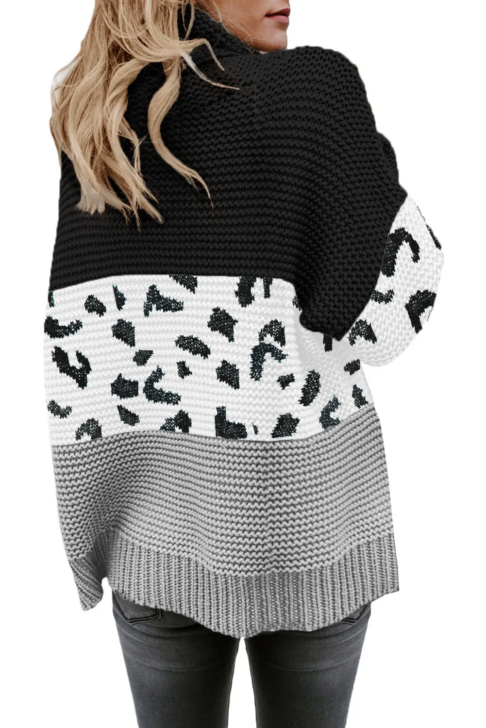 Women Turtleneck Splicing Chunky Knit Pullover Sweater