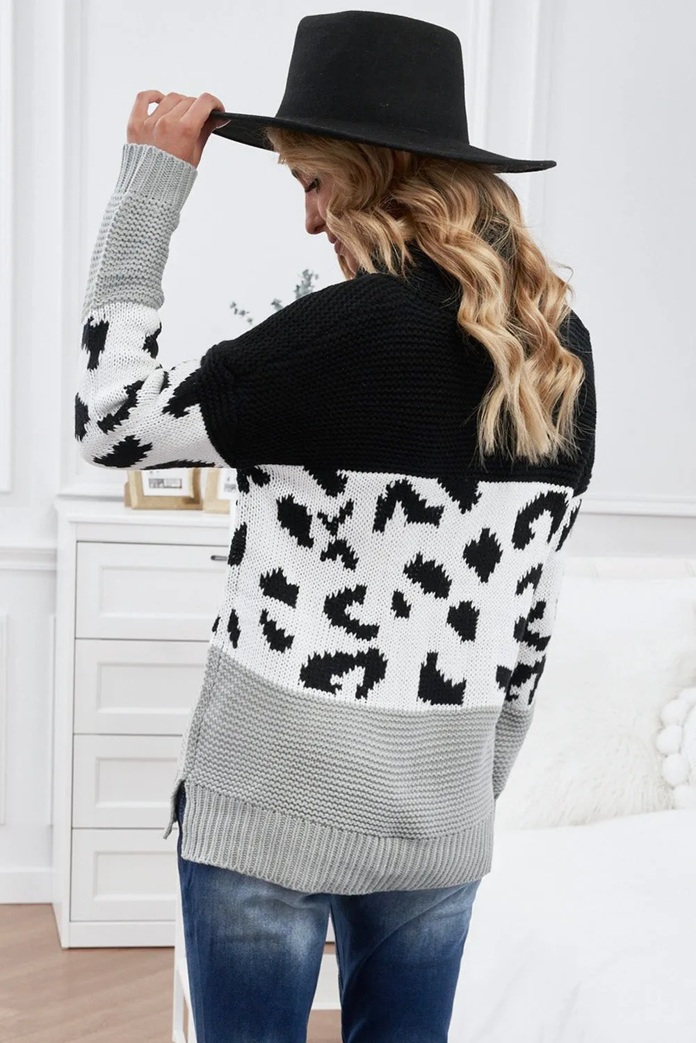 Women Turtleneck Splicing Chunky Knit Pullover Sweater